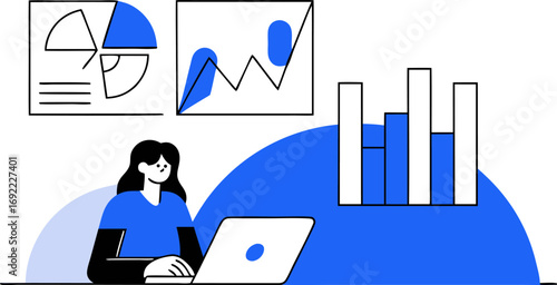 Female freelancer typing with charts floating ana vector illustration