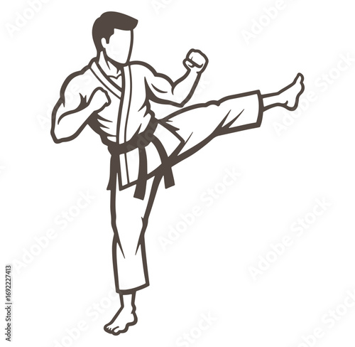Silhouette of a martial artist performing karate high kick in a traditional uniform