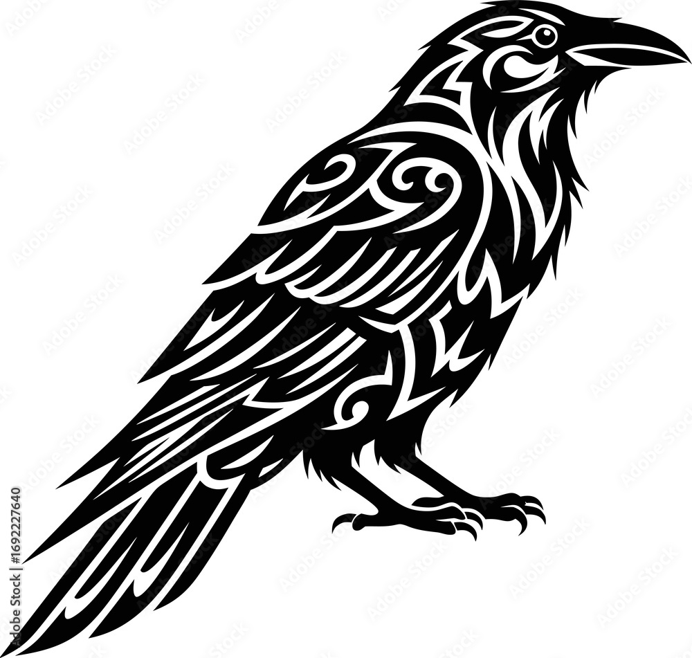 Obraz premium Artistic tribal raven illustration in bold black lines, ideal for tattoos, gothic designs, Halloween themes, and fantasy artwork.