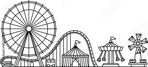 Amusement park vector illustration with ferris wheel, roller coaster, carousel, circus tent, flat line art style, black outline drawing