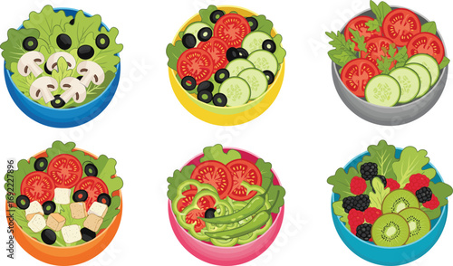 Colorful Assorted Salad Bowls with Fresh Vegetables and Fruits, Healthy Vegetarian Food Concept for Nutrition, Diet, Wellness, and Design