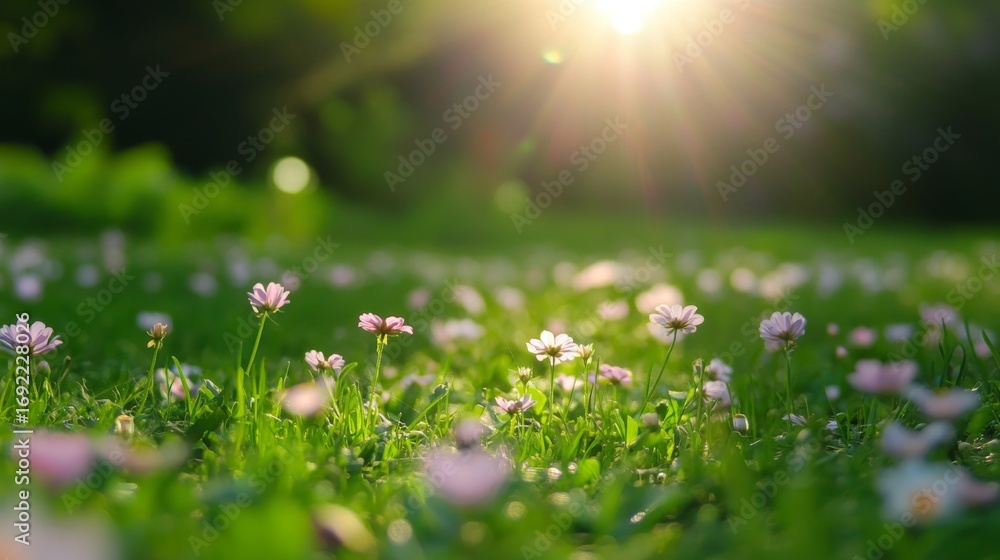 Fototapeta premium A field of delicate pink wildflowers in a lush green meadow, bathed in warm, golden sunlight.