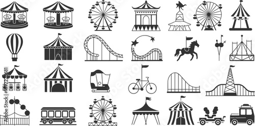 Carnival and amusement park icon collection, vector fairground silhouettes, roller coasters, circus tents, ferris wheels, rides, festival illustration