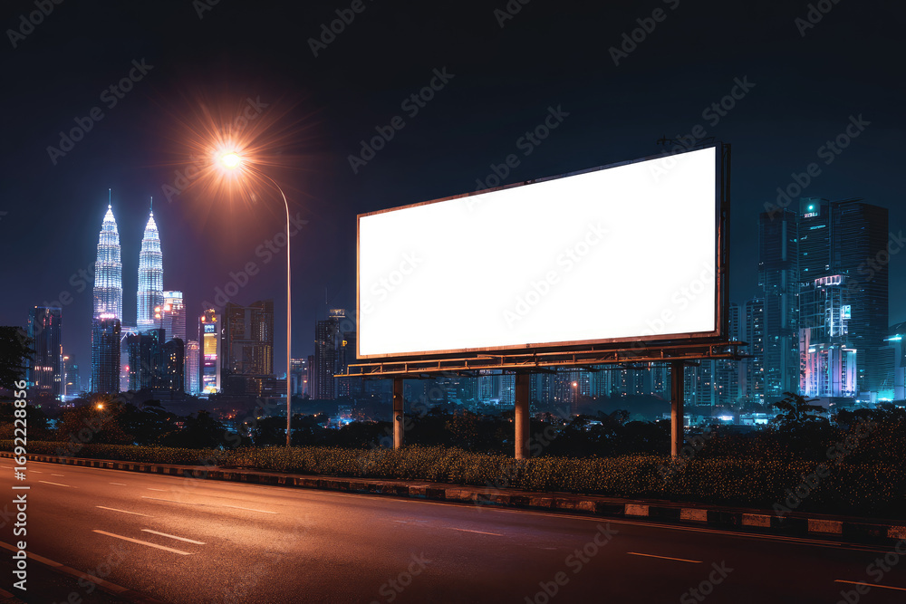 Fototapeta premium Blank white road billboard with KL cityscape background at night time. Street advertising poster, mock up. Side view. The concept of marketing communication to promote or sell idea