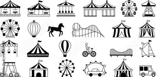 Carnival and amusement park icon set, vector fairground illustration, circus tents, ferris wheels, rides, hot air balloon, roller coaster