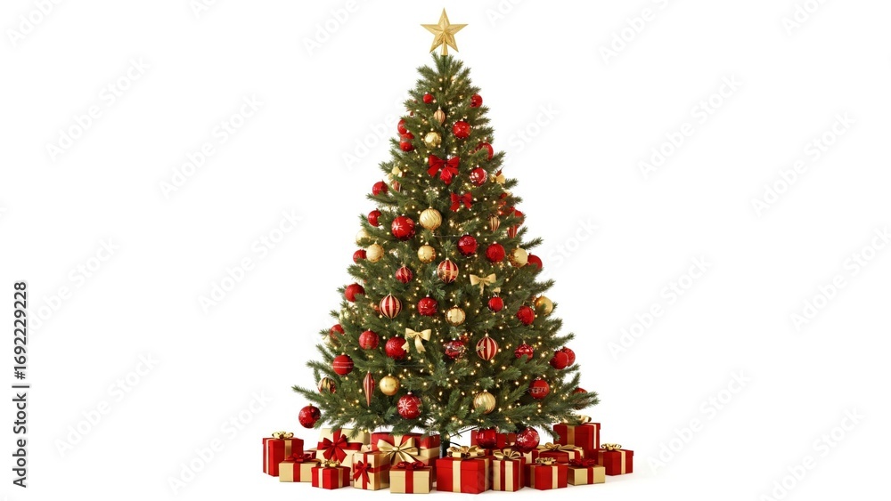 Naklejka premium Festive Christmas tree with presents, ready for holidays
