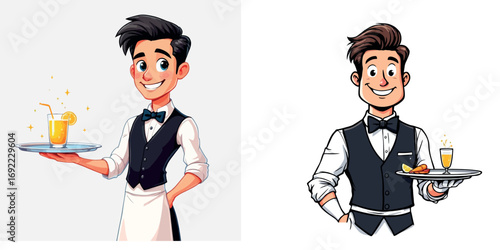 Vsai smiling waiter holding tray with drink and food cartoon character