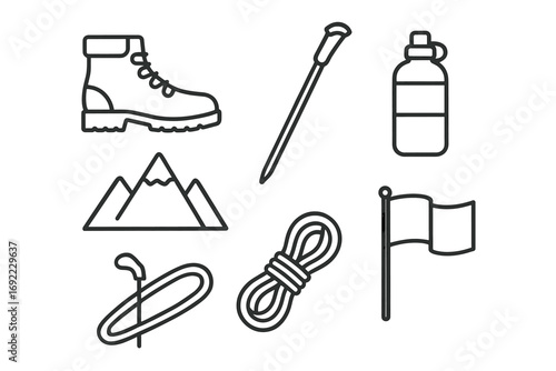 Outdoor adventure icons: hiking boot, walking stick, water bottle, mountains, rope, flag