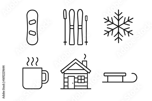 Winter sports and activities icons: snowboard, skis, snowflake, mug, cabin, sled