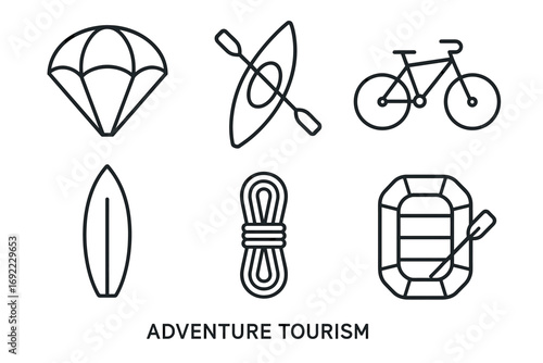 Adventure tourism icons: paragliding, kayaking, cycling, surfing, rope, rafting