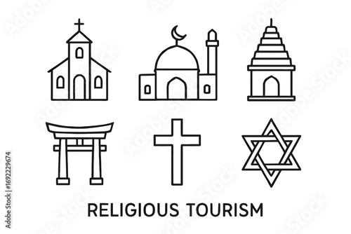Icons of religious tourism: church, mosque, temple, torii, cross, star of david