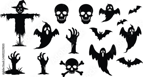 Halloween silhouette vector featuring spooky elements like ghosts, bats, skulls, zombies, and a scarecrow, perfect for horror, spooky, and Halloween-themed designs