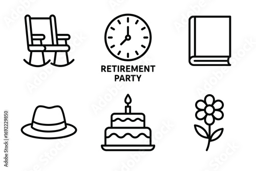 Retirement party icons: rocking chair, clock, book, hat, cake, flower