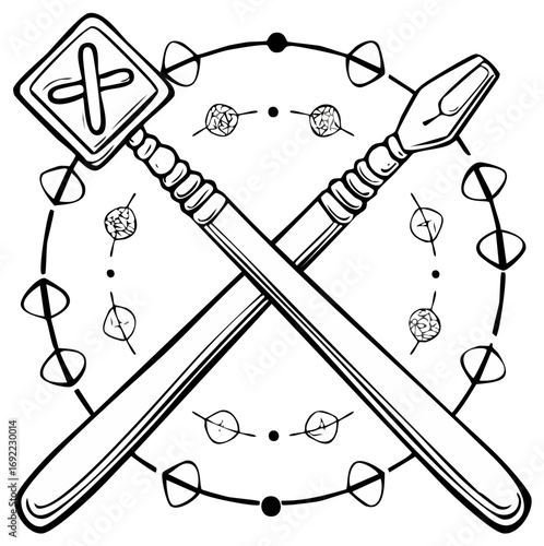 Mystical crossed ancient stylus and scepter with intricate circular symbolic design