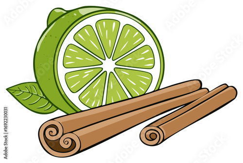 Fresh lime slice and cinnamon sticks for healthy drinks and cooking