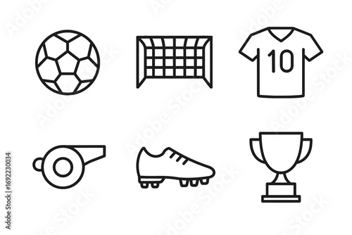 Soccer icons: ball, goal, jersey, whistle, cleat, trophy