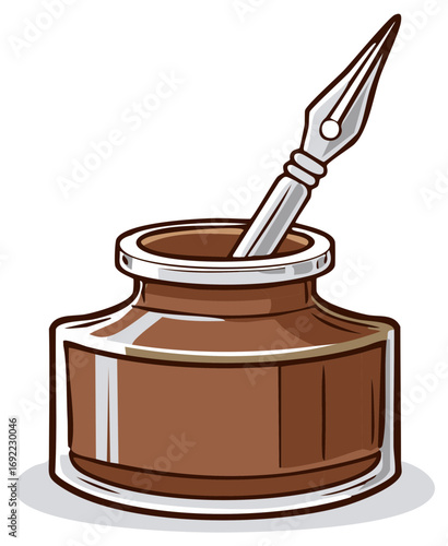 Vintage quill pen resting in a glass inkwell with brown ink cartoon illustration