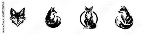 Set of black and white fox logo icons in a stylized graphic design for branding or mascot use isolated on a white background