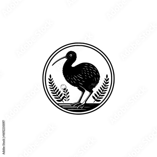 Kiwi bird logo with fern leaves and a golf ball in a black and white emblem style for New Zealand sports or club branding