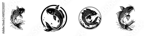 Set of four traditional Japanese koi fish designs in a black and white graphic style, carp emblems for creating custom tattoos or logos