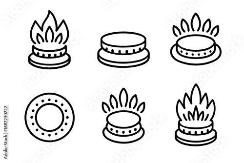 Set of gas stove burner icons with flames in black and white