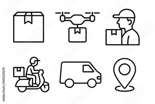 Delivery and shipping icons: package, drone, courier, scooter, van, location