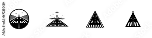 Set of four black and white airport runway logos with airplane and control tower silhouettes for aviation and travel branding