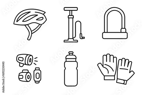 Bicycle accessory set: helmet, pump, lock, lights, bottle, gloves