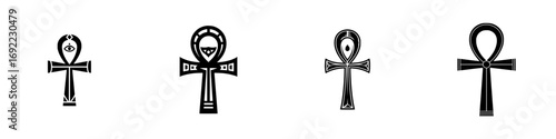 Collection of stylized Egyptian ankh cross icons representing eternal life and spirituality isolated on a white background