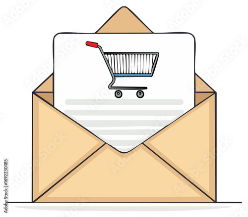 Doodle illustration of an open envelope with a shopping cart, symbolizing email marketing and e-commerce.