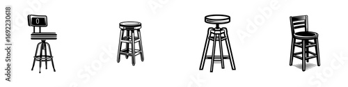 Set of four vintage bar stools in a black and white graphic style showing different designs from industrial to classic wood