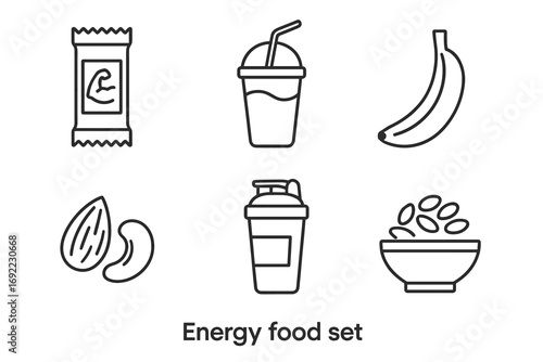 Energy food set: snack bar, smoothie, banana, nuts, shaker, bowl