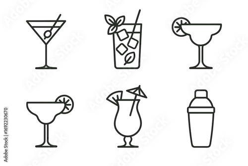 Collection of cocktail drinks and shaker line icons for beverage design