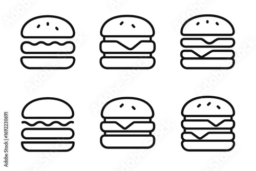 Set of six simple burger icons in black and white