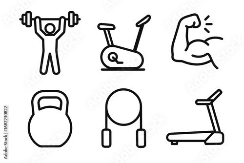 Fitness equipment icons: dumbbell, exercise bike, flexed arm, kettlebell, rings, treadmill