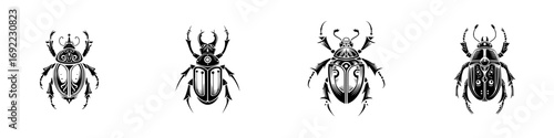 Set of four stylized black and white beetle icons including scarab and stag beetle designs for tattoos or logos on a white background