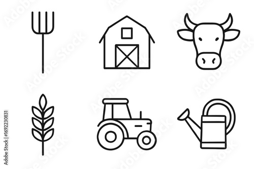 Set of farm icons: barn, cow, tractor, pitchfork, wheat, watering can
