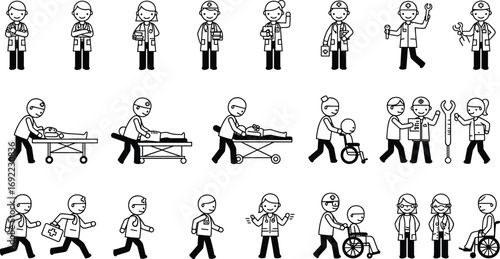 Black and white vector icons of healthcare professionals performing various tasks, including doctor, nurse, patient care, and medical emergency activities for healthcare design