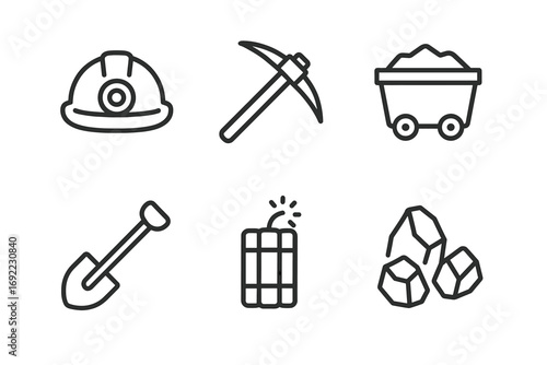Mining tools icons: helmet, pickaxe, cart, shovel, dynamite, ore