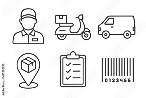 Delivery and logistics icon set featuring male courier and transport elements