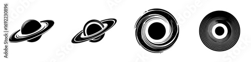 Set of black and white space icons featuring planets with rings and stylized black holes or galaxies in a minimalist graphic style