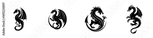 Set of four black dragon silhouettes in various poses for logos, emblems, or tattoos, mythical creature icons