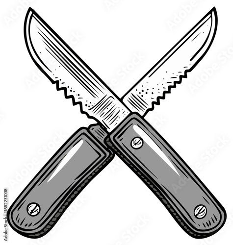 Crossed Knives Illustration Detailed Pocket Knives with Serrated Blades Vector Art Design Camp Tools