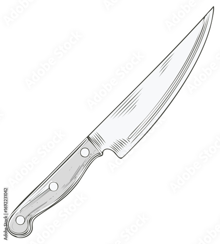 A hand drawn illustration of a chefs knife with a pointed blade and grey handle