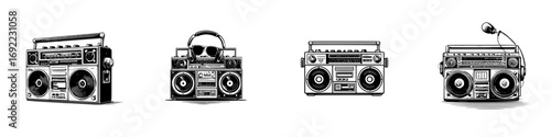 Retro boombox ghetto blaster icon set with vintage cassette players and audio equipment for 80s and 90s hip hop music culture