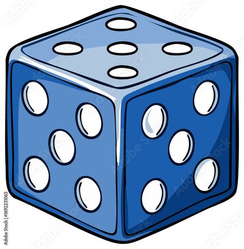 Blue die illustration with white pips, gaming and gambling concept