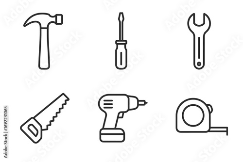 Tool set icons: hammer, screwdriver, wrench, saw, drill, tape measure
