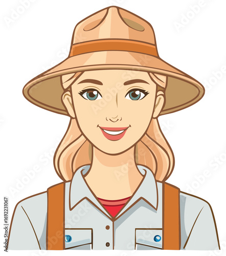 Cheerful blonde woman in safari hat and adventure outfit, friendly vector illustration