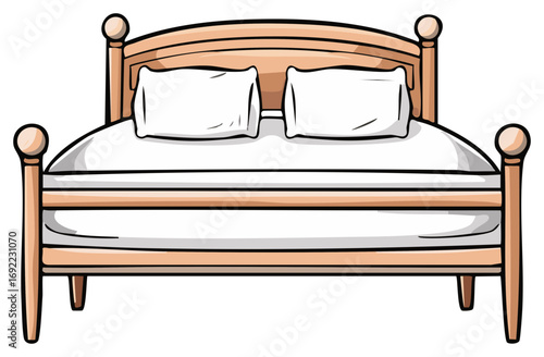 Clean Wooden Bed with White Pillows and Mattress Furniture Illustration