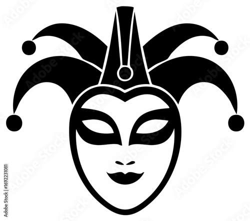 Classic jester mask with bells and pointed hat in elegant black and white vector art
